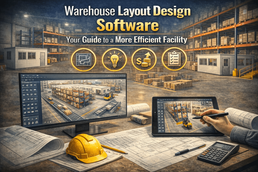 A person uses warehouse layout design software on a tablet and computer in an office overlooking a large warehouse. Icons and text highlight how the software boosts facility efficiency. A yellow hard hat, ruler, and calculator are nearby.
