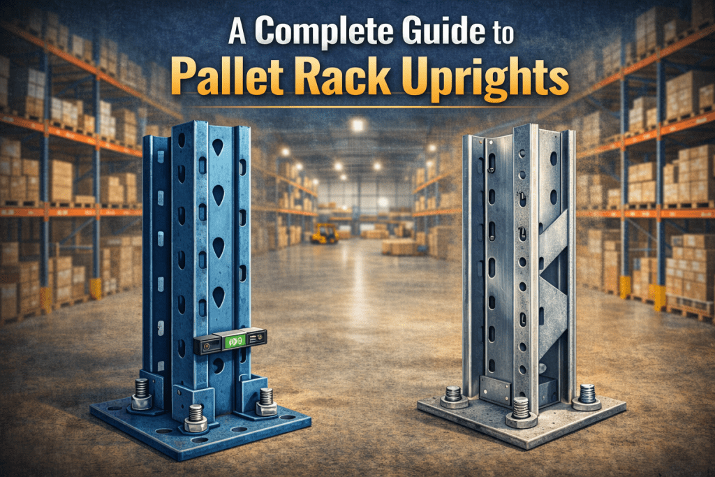 Two types of warehouse racking uprights are displayed in a warehouse with shelves and boxes. The text reads “A Complete Guide to Pallet Rack Uprights,” and one upright features a level tool at its base.