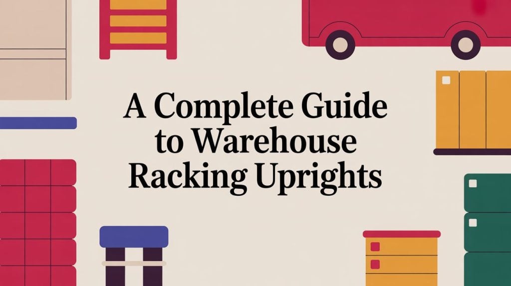 Text reads A Complete Guide to Warehouse Racking Uprights surrounded by colorful, stylized illustrations of warehouse racks, shelves, and a red truck on a light background.