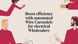 Illustration of four people handling wires around a central text that reads, Boost efficiency with automated Wire Carousels for electrical Wholesalers. The background is light beige and the figures wear red.
