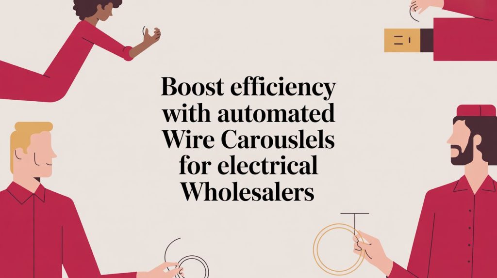 Illustration of four people handling wires around a central text that reads, Boost efficiency with automated Wire Carousels for electrical Wholesalers. The background is light beige and the figures wear red.
