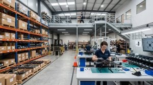 A woman assembles a drone at a workstation in a modern warehouse with shelves of boxes, equipment, and a mezzanine level with more workspace and people in the background.