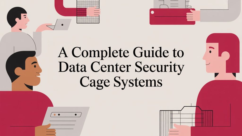 Illustration of four people holding laptops, documents, and a clipboard around the text A Complete Guide to Data Center Security Cage Systems on a light background.