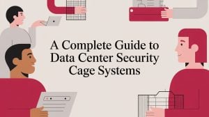 Illustration of four people holding laptops, documents, and a clipboard around the text A Complete Guide to Data Center Security Cage Systems on a light background.