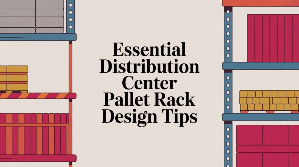 Text reads: Essential Distribution Center Pallet Rack Design Tips. Illustration of warehouse shelving units with neatly stacked boxes on the left and right sides.