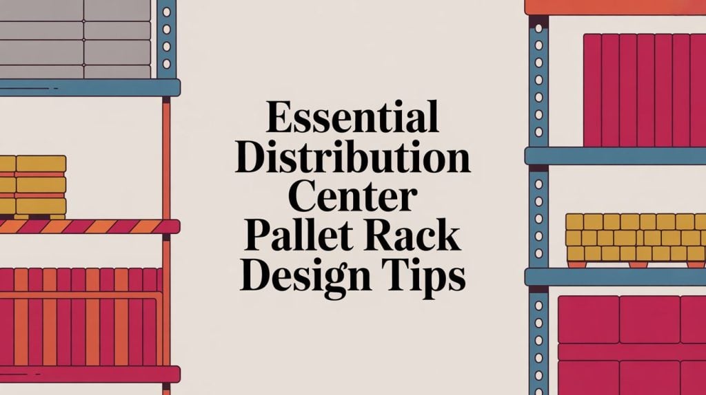 Text reads: Essential Distribution Center Pallet Rack Design Tips. Illustration of warehouse shelving units with neatly stacked boxes on the left and right sides.