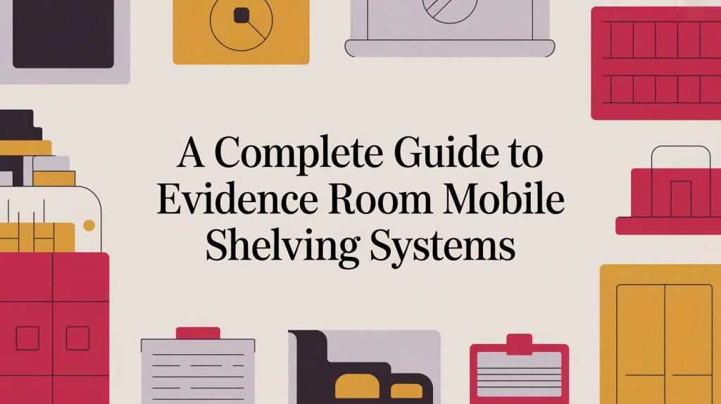 Text reads “A Complete Guide to Evidence Room Mobile Shelving Systems” centered on a white background, with colorful illustrated shelving units, drawers, and storage cabinets surrounding the text.