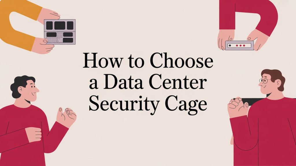 Four illustrated people in red and yellow shirts hold tech devices around a central title that reads, How to Choose a Data Center Security Cage.