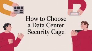 Four illustrated people in red and yellow shirts hold tech devices around a central title that reads, How to Choose a Data Center Security Cage.