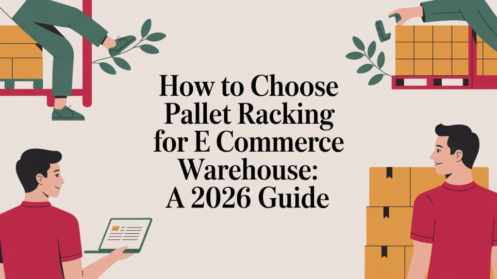 Illustration with workers handling boxes and pallets, surrounding the text: How to Choose Pallet Racking for E Commerce Warehouse: A 2026 Guide.