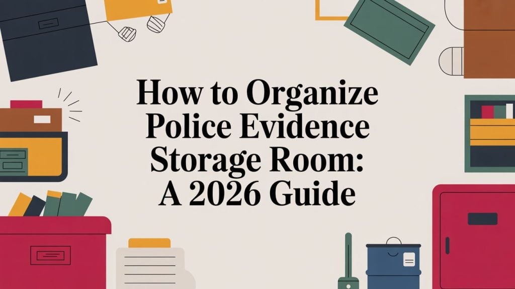 Text reads “How to Organize Police Evidence Storage Room: A 2026 Guide” surrounded by illustrated storage boxes, files, and drawers in various colors on a beige background.