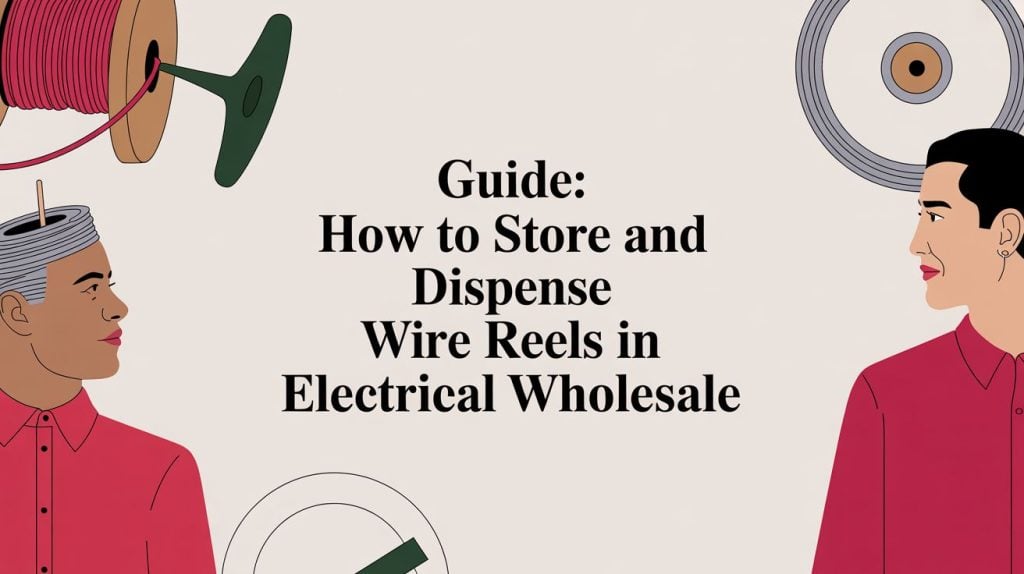 Illustration with text: Guide: How to Store and Dispense Wire Reels in Electrical Wholesale. Two stylized people with wire reels and spools are shown on a light background.