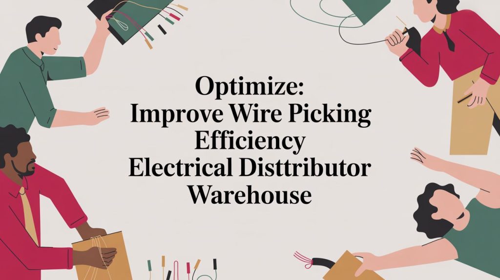 Four illustrated people work with wires and boxes around bold text that reads: Optimize: Improve Wire Picking Efficiency Electrical Distributor Warehouse.