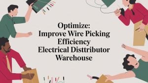 Four illustrated people work with wires and boxes around bold text that reads: Optimize: Improve Wire Picking Efficiency Electrical Distributor Warehouse.