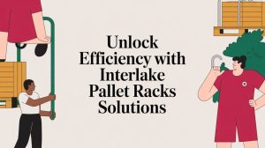 Illustration of people working with pallet racks, with text in the center: Unlock Efficiency with Interlake Pallet Racks Solutions on a light background.