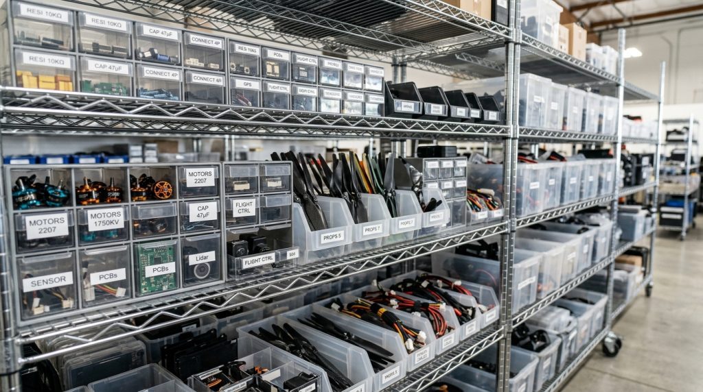 Organized drone parts storage with industrial wire shelving and labeled bins