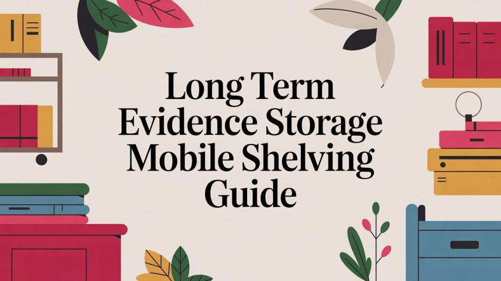Text reading Long Term Evidence Storage Mobile Shelving Guide is centered on a cream background with colorful illustrated bookshelves, books, and leaves decorating the corners.
