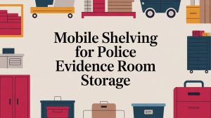Illustration of various storage cabinets and containers surrounding the text Mobile Shelving for Police Evidence Room Storage on a light background.