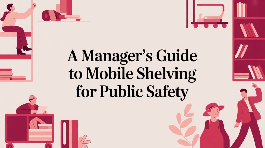 Illustration with people using shelves and carts, surrounding the text: A Manager’s Guide to Mobile Shelving for Public Safety. Shelves, books, and plants appear in red tones on a beige background.