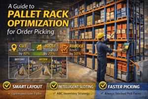 A warehouse worker uses a touchscreen near tall pallet racks. Infographics highlight pallet rack optimization for order picking: reduced travel time and errors, boosted throughput, plus icons for smart layout, intelligent slotting, and faster picking.