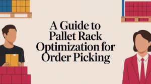 Illustration with shelves of boxes, two people holding packages, and large text that reads: A Guide to Pallet Rack Optimization for Order Picking.