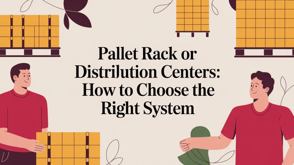 Illustration featuring two people in red shirts holding yellow pallets, with the text Pallet Rack or Distribution Centers: How to Choose the Right System in bold black font on a light background.