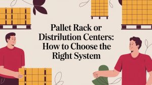 Illustration featuring two people in red shirts holding yellow pallets, with the text Pallet Rack or Distribution Centers: How to Choose the Right System in bold black font on a light background.