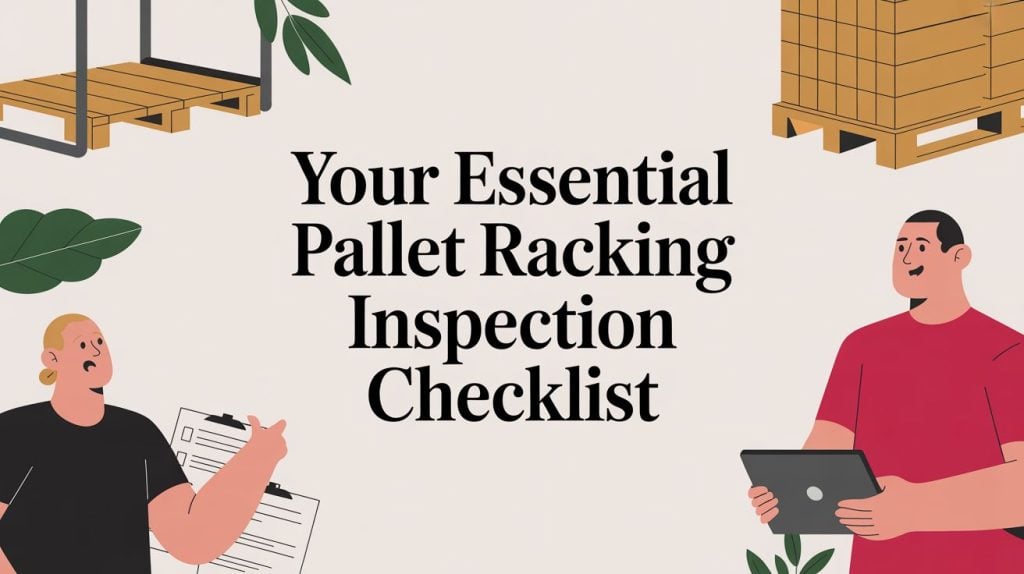 Illustration with the text Your Essential Pallet Racking Inspection Checklist, featuring two people: one holding a clipboard and the other holding a tablet, with pallet racks, boxes, and green leaves in the background.