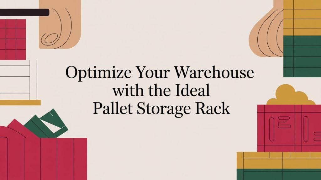 Text on a decorative background reads: Optimize Your Warehouse with the Ideal Pallet Storage Rack. Colorful abstract shapes resembling boxes and pallets surround the text.