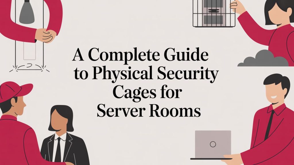 Illustrated people holding keys, a server cage, and a laptop surround the text A Complete Guide to Physical Security Cages for Server Rooms on a light background.