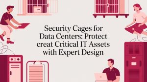 Illustration of people working with laptops and IT equipment near security cages, with the text: Security Cages for Data Centers: Protect Critical IT Assets with Expert Design in the center.