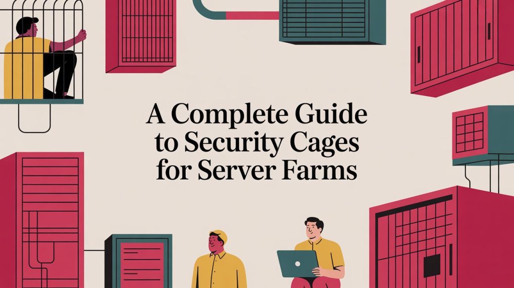 Illustration of people near large security cages and server racks, with the text A Complete Guide to Security Cages for Server Farms in the center. The design uses red, teal, and yellow tones.