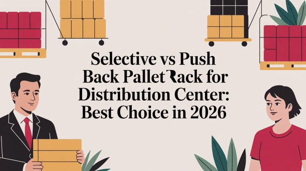 Illustration of two people moving stacked boxes on carts, with text in the center: Selective vs Push Back Pallet Rack for Distribution Center: Best Choice in 2026. Green plants are on the bottom corners.