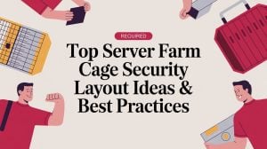 Illustration with text Top Server Farm Cage Security Layout Ideas & Best Practices in bold, surrounded by cartoon people holding server equipment and security tools, plus a Required label above the title.