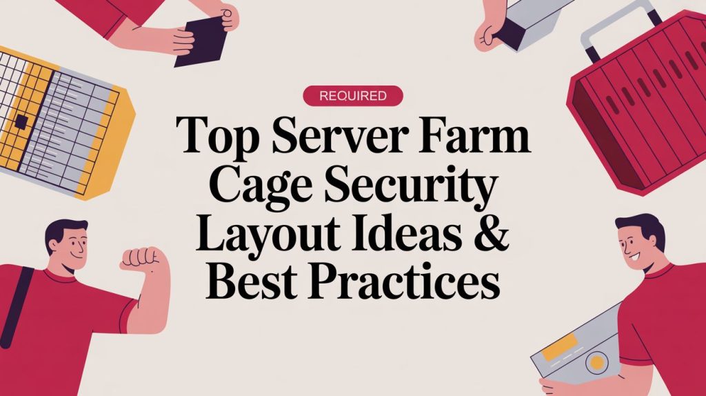 Illustration with text Top Server Farm Cage Security Layout Ideas & Best Practices in bold, surrounded by cartoon people holding server equipment and security tools, plus a Required label above the title.