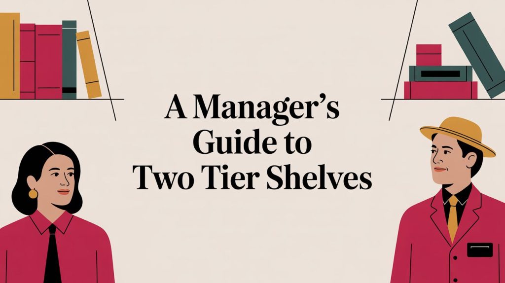 Illustration featuring a woman and a man in business attire, with two-tier shelves holding books above them. In the center, text reads: A Managers Guide to Two Tier Shelves.
