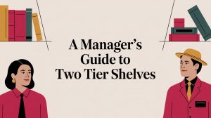Illustration featuring a woman and a man in business attire, with two-tier shelves holding books above them. In the center, text reads: A Managers Guide to Two Tier Shelves.
