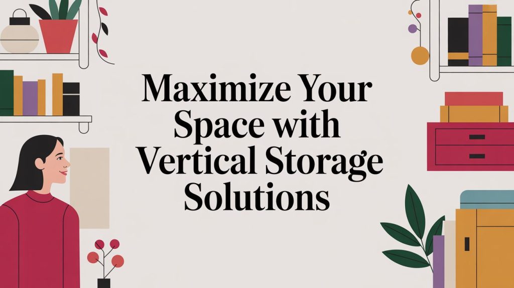 Illustration with bookshelves, plants, and a smiling woman on a beige background. Large text in the center reads, Maximize Your Space with Vertical Storage Solutions.
