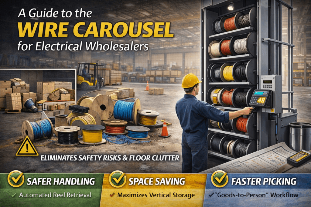 A warehouse worker operates a wire carousel for electrical wholesalers, efficiently storing large reels of wire vertically. Nearby, loose reels and safety cones are scattered on the floor. Text highlights safer handling, space saving, and faster picking benefits.