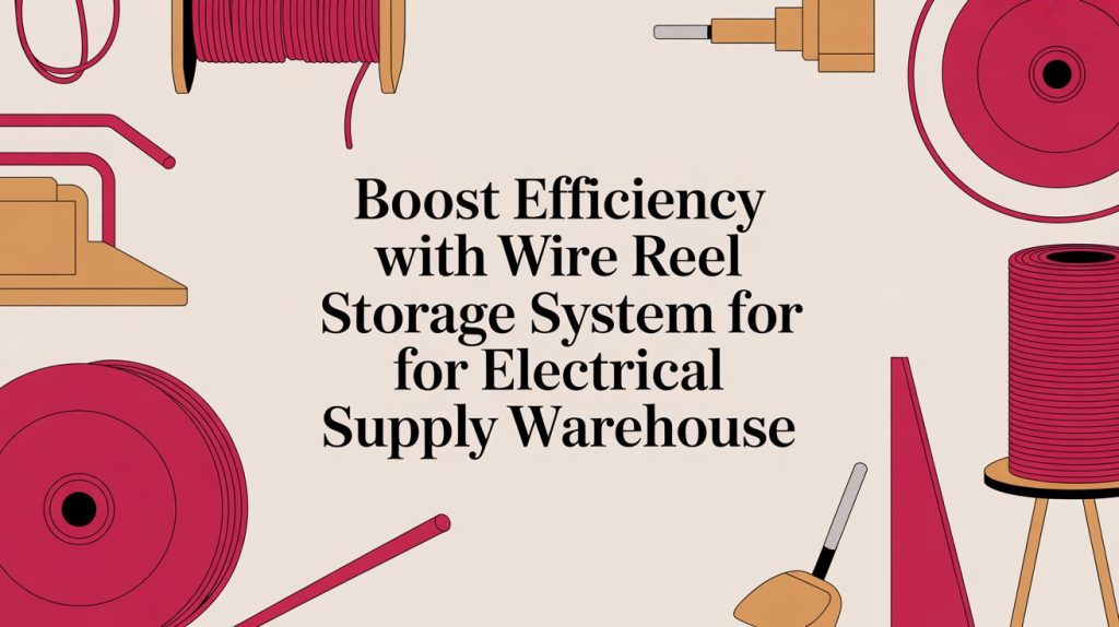 Illustration of various wire reels and electrical tools surrounding the text “Boost Efficiency with Wire Reel Storage System for Electrical Supply Warehouse” on a light background.