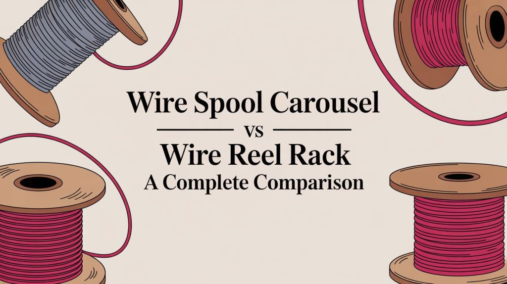Illustration of wooden wire spools and reels in the corners, with text in the center reading Wire Spool Carousel vs Wire Reel Rack: A Complete Comparison.