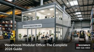 A warehouse modular office with glass walls sits inside a spacious warehouse; workers collaborate at desks and in meeting rooms. Shelves and equipment line the space. Text overlay reads, “Warehouse Modular Office: The Complete 2026 Guide.”.