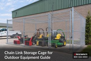 A chain link storage cage for outdoor equipment sits outside a large industrial building, securing several riding lawn mowers and tools. Text reads: “Chain Link Storage Cage for Outdoor Equipment Guide” with a phone number.