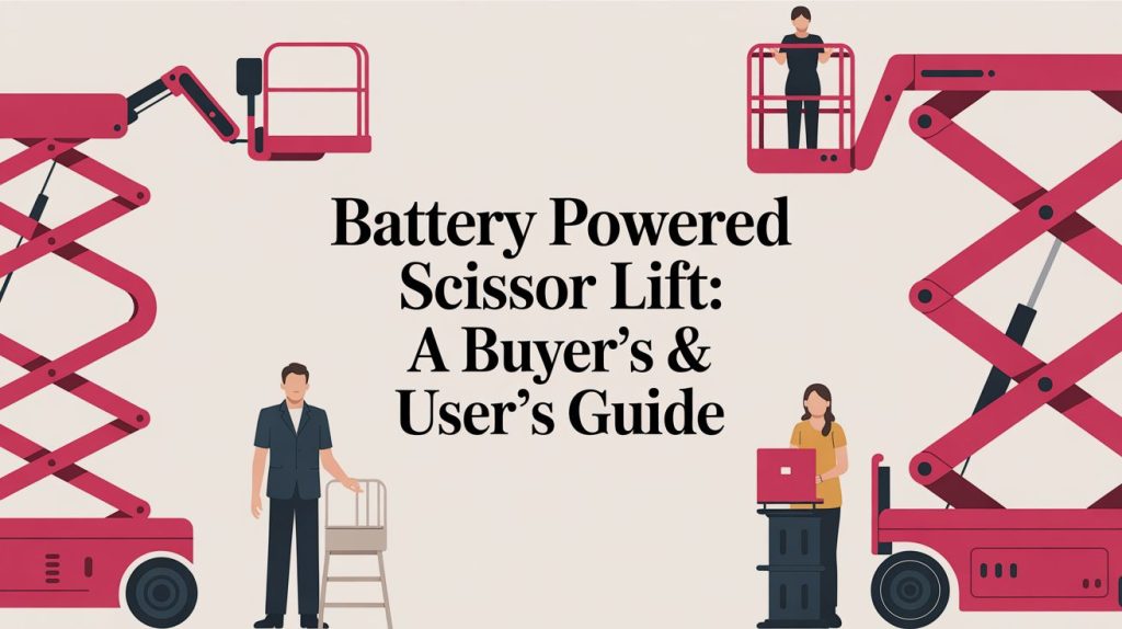 Illustration of people using and standing by battery powered scissor lifts, with the text Battery Powered Scissor Lift: A Buyer’s & User’s Guide in the center.