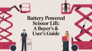 Illustration of people using and standing by battery powered scissor lifts, with the text Battery Powered Scissor Lift: A Buyer’s & User’s Guide in the center.