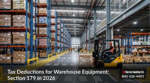 A modern warehouse with tall shelves of boxes, two workers operating forklifts, and text reading Tax Deductions for Warehouse Equipment: Section 179 in 2026 along with a company logo and phone number.