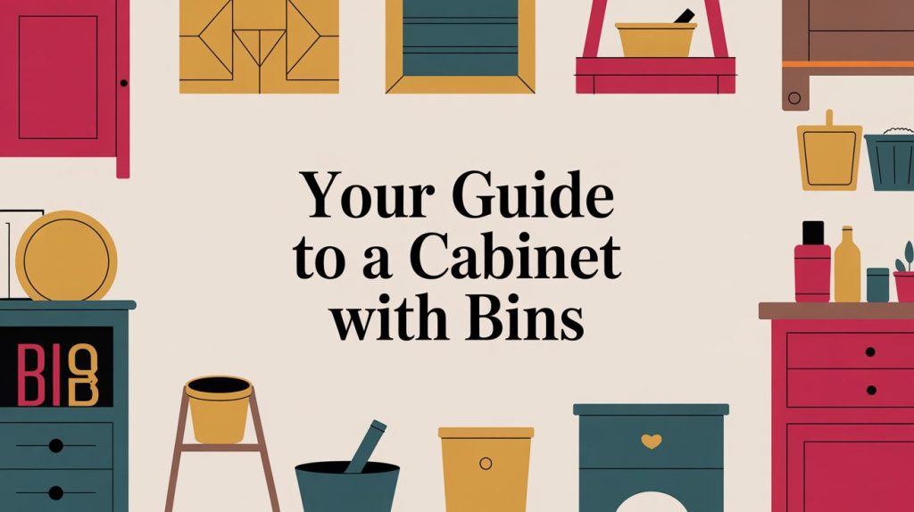 A graphic with various colorful cabinets, bins, and storage items surrounding the text Your Guide to a Cabinet with Bins in the center on a light background.