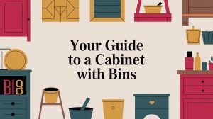 A graphic with various colorful cabinets, bins, and storage items surrounding the text Your Guide to a Cabinet with Bins in the center on a light background.