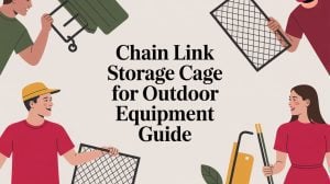 Illustration of four people holding chain link panels and outdoor equipment, with the text Chain Link Storage Cage for Outdoor Equipment Guide in the center.