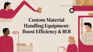 Illustration of diverse people using material handling equipment with boxes and carts. Text in center reads: “Custom Material Handling Equipment: Boost Efficiency & ROI.”.